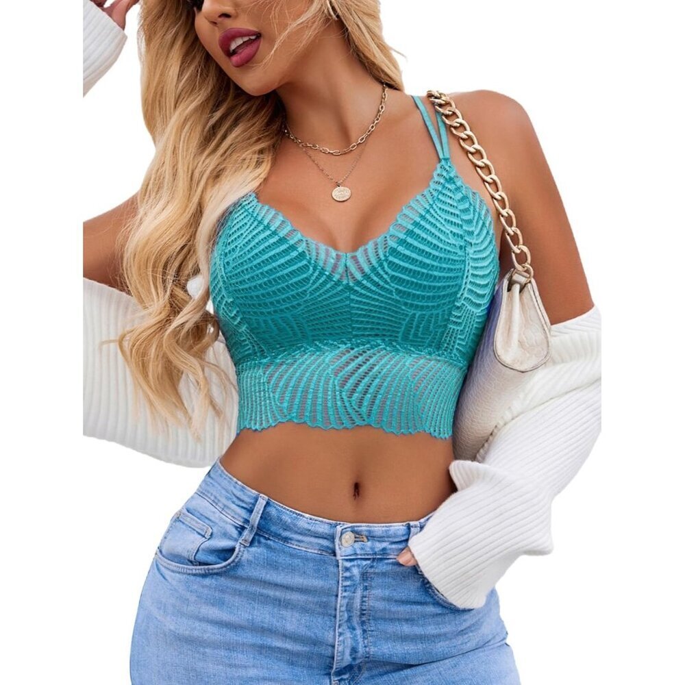 Women's Apple Green Lace Camisoles Double-layered V-neck Sexy Bralettes Crop Top